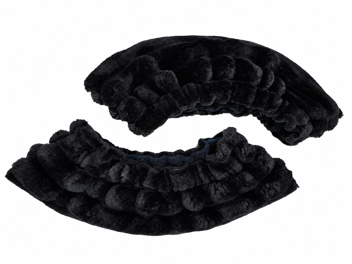 Black plush crescent-shaped skate covers